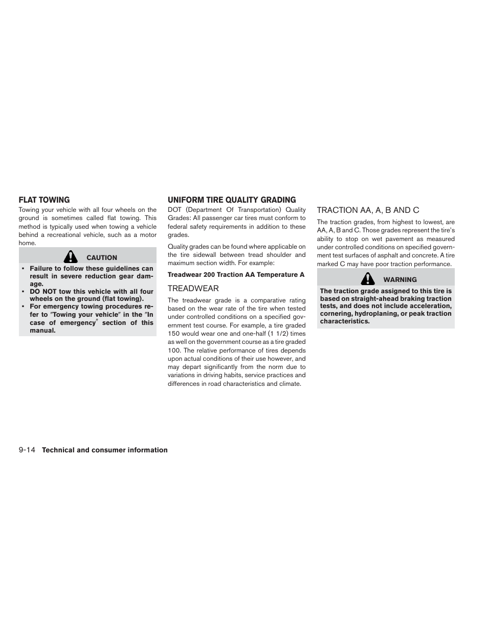 Flat towing -14 uniform tire quality grading -14, Treadwear -14 traction aa, a, b and c -14 | NISSAN 2013 LEAF - Owner's Manual User Manual | Page 381 / 402
