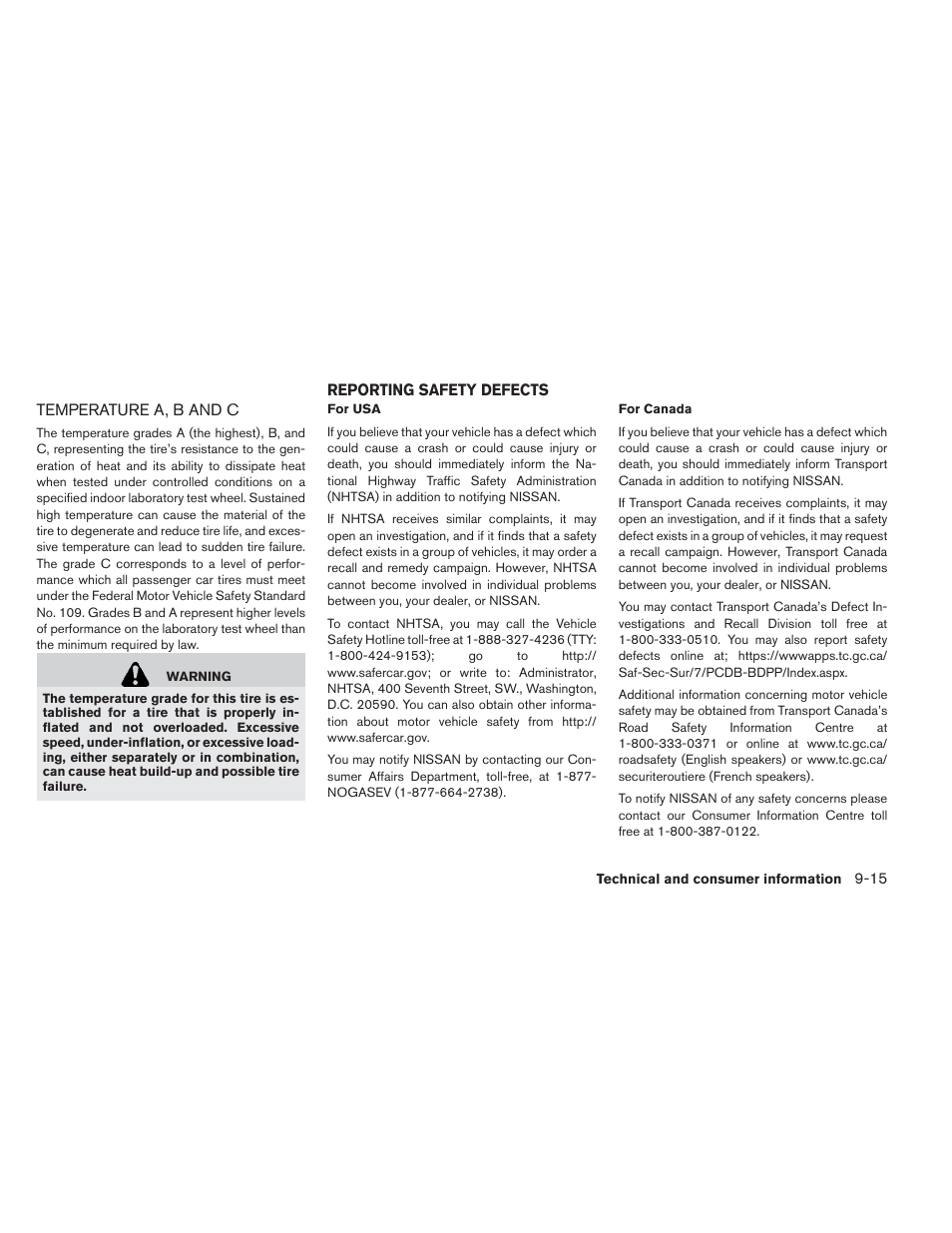 Temperature a, b and c -15, Reporting safety defects -15 | NISSAN 2013 LEAF - Owner's Manual User Manual | Page 382 / 402