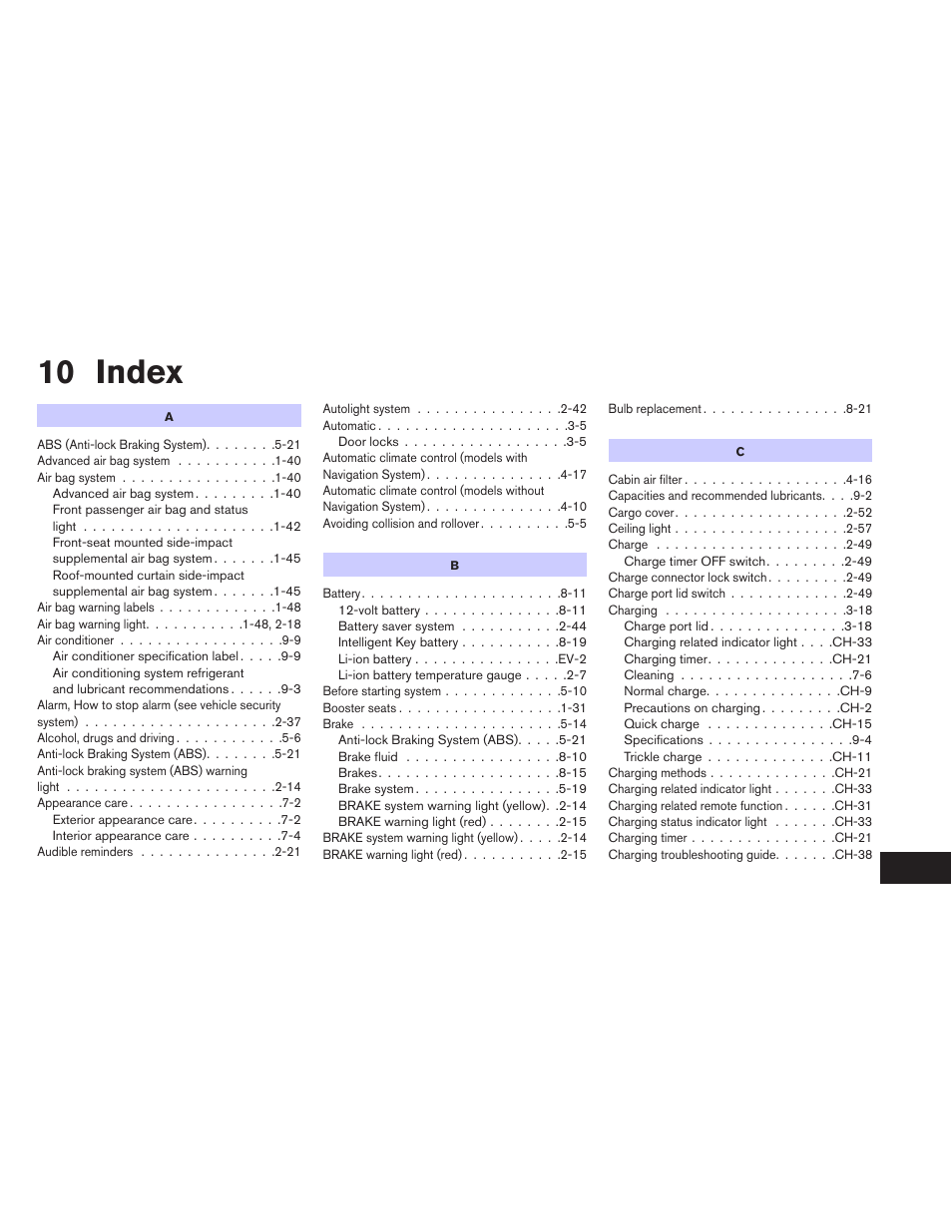 Index, 10 index | NISSAN 2013 LEAF - Owner's Manual User Manual | Page 386 / 402