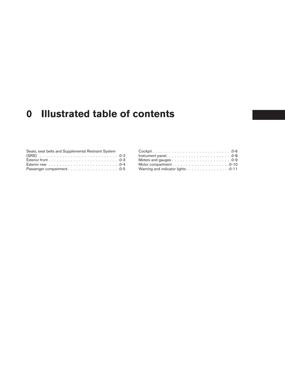 Illustrated table of contents, 0illustrated table of contents | NISSAN 2013 LEAF - Owner's Manual User Manual | Page 8 / 402