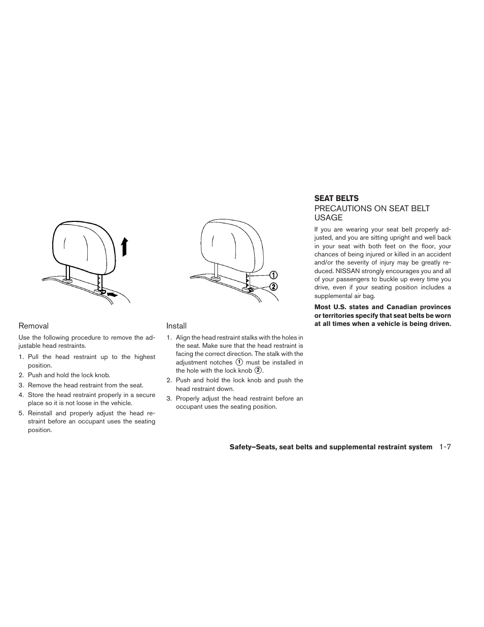 Seat belts -7, Precautions on seat belt usage -7 | NISSAN 2013 LEAF - Owner's Manual User Manual | Page 96 / 402