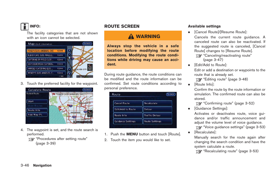 Route screen -46, Warning | NISSAN 2013 LEAF - Navigation System Owner's Manual User Manual | Page 102 / 275