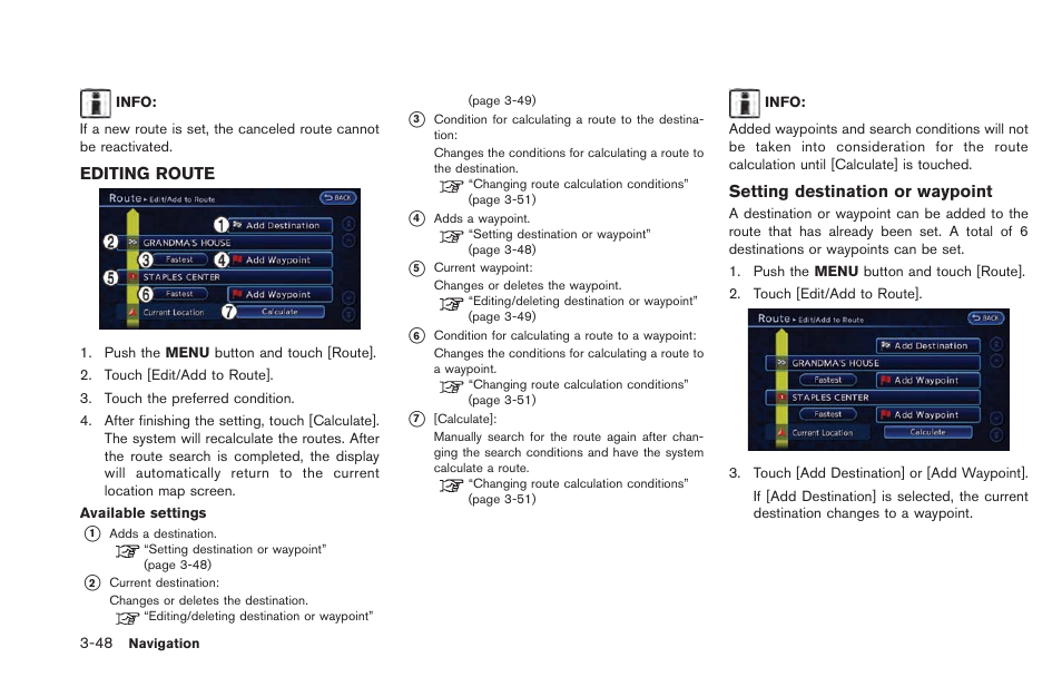 Editing route -48 | NISSAN 2013 LEAF - Navigation System Owner's Manual User Manual | Page 104 / 275