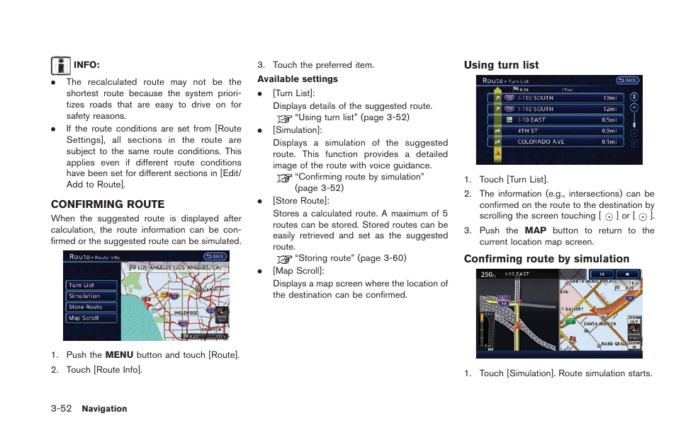 Confirming route -52 | NISSAN 2013 LEAF - Navigation System Owner's Manual User Manual | Page 108 / 275