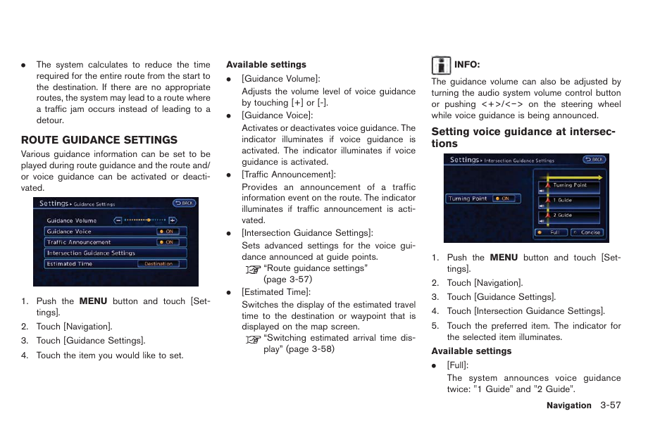 Route guidance settings -57 | NISSAN 2013 LEAF - Navigation System Owner's Manual User Manual | Page 113 / 275