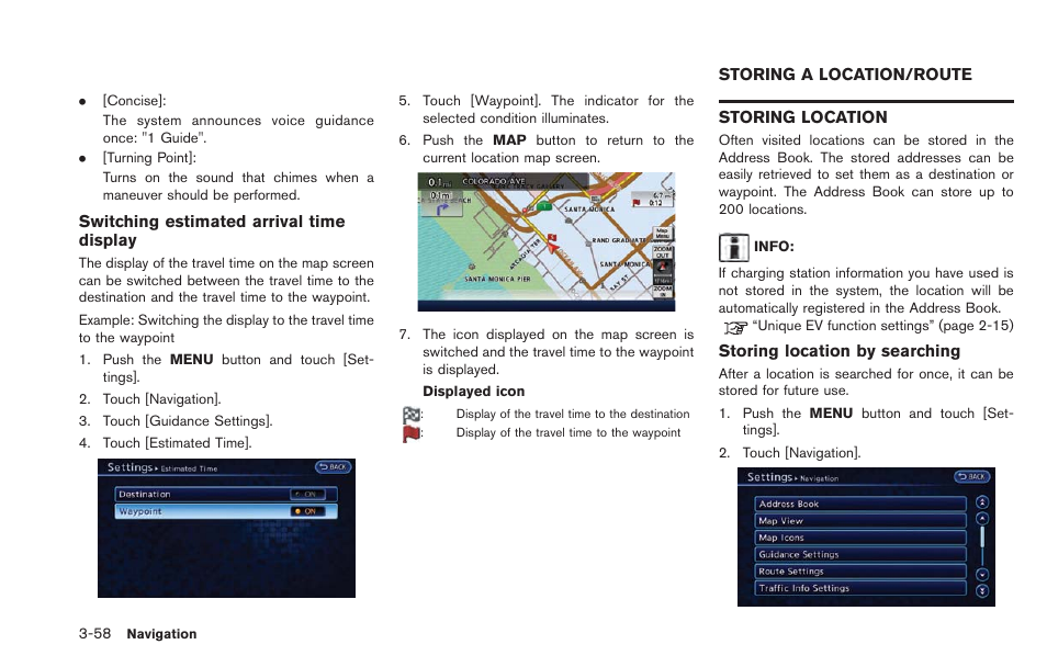Storing a location/route -58, Storing location -58 | NISSAN 2013 LEAF - Navigation System Owner's Manual User Manual | Page 114 / 275