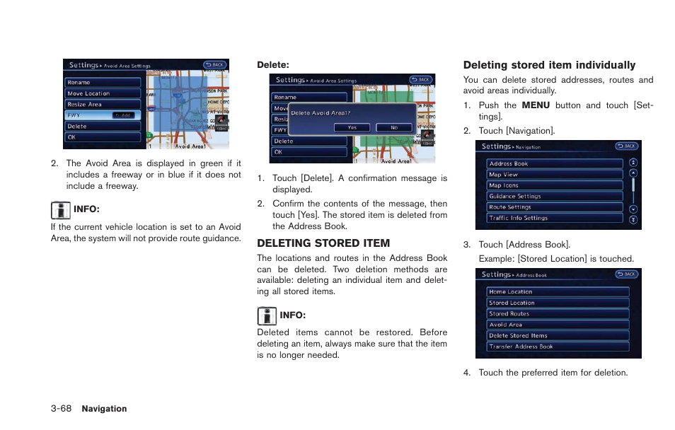 Deleting stored item -68 | NISSAN 2013 LEAF - Navigation System Owner's Manual User Manual | Page 124 / 275