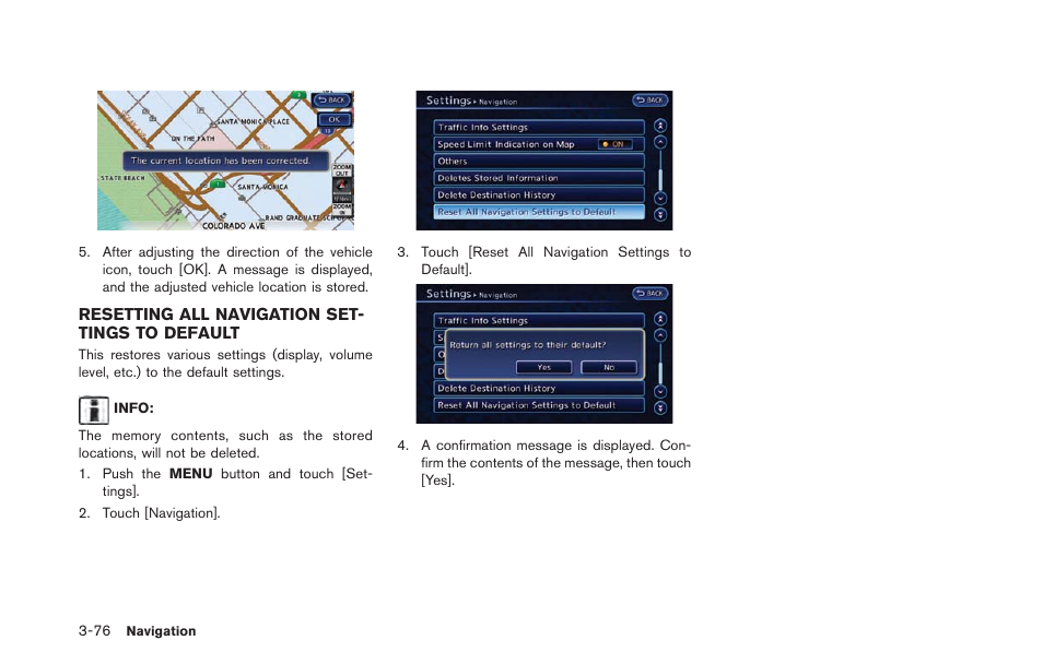 Resetting all navigation settings to default -76 | NISSAN 2013 LEAF - Navigation System Owner's Manual User Manual | Page 132 / 275