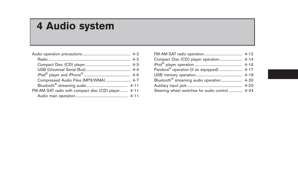 Audio system, 4 audio system | NISSAN 2013 LEAF - Navigation System Owner's Manual User Manual | Page 135 / 275