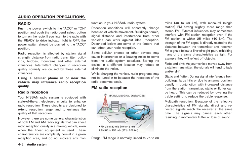 Audio operation precautions -2, Radio -2 | NISSAN 2013 LEAF - Navigation System Owner's Manual User Manual | Page 136 / 275