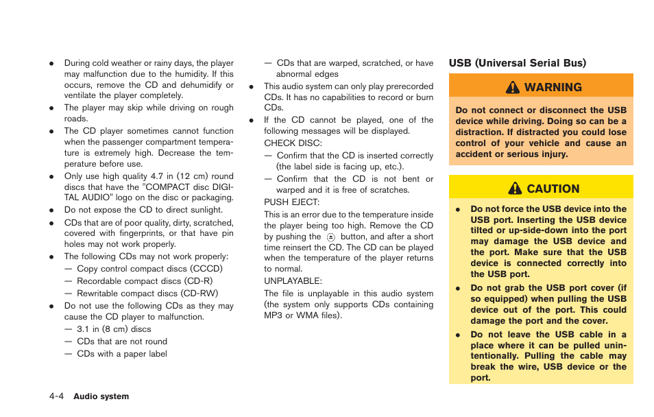 Usb (universal serial bus) -4, Warning, Caution | NISSAN 2013 LEAF - Navigation System Owner's Manual User Manual | Page 138 / 275