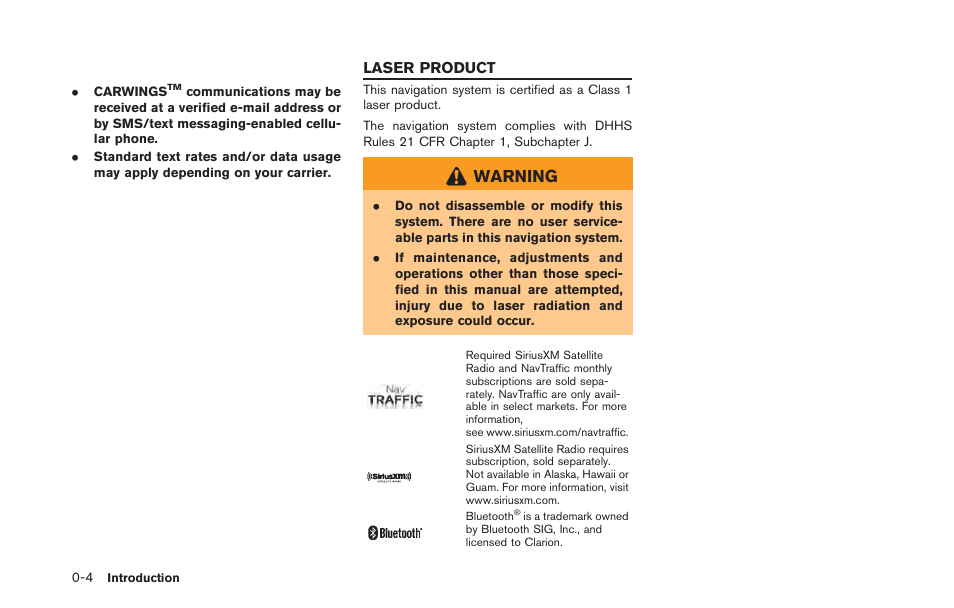 Laser product -4, Warning | NISSAN 2013 LEAF - Navigation System Owner's Manual User Manual | Page 14 / 275
