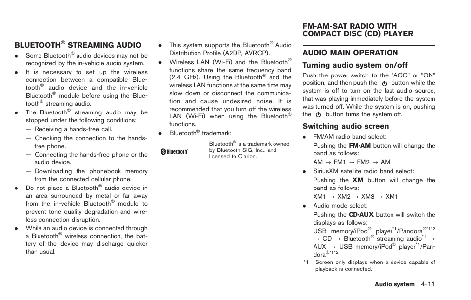 Bluetooth, Streaming audio -11, Fm-am-sat radio with compact disc (cd) player -11 | Audio main operation -11, Streaming audio, Audio main operation turning audio system on/off, Switching audio screen, Fm-am-sat radio with compact disc (cd) player | NISSAN 2013 LEAF - Navigation System Owner's Manual User Manual | Page 145 / 275