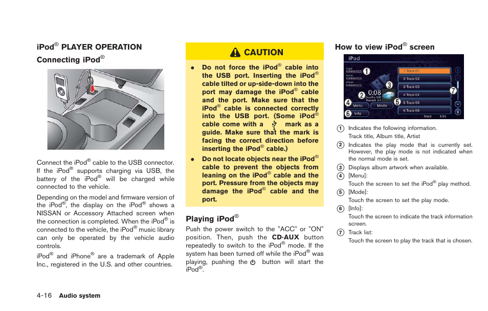 Ipod, Player operation -16, Caution | Player operation connecting ipod, Playing ipod, How to view ipod, Screen | NISSAN 2013 LEAF - Navigation System Owner's Manual User Manual | Page 150 / 275