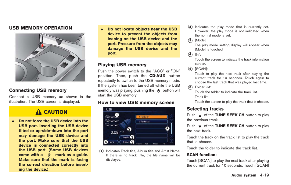 Usb memory operation -19, Caution | NISSAN 2013 LEAF - Navigation System Owner's Manual User Manual | Page 153 / 275