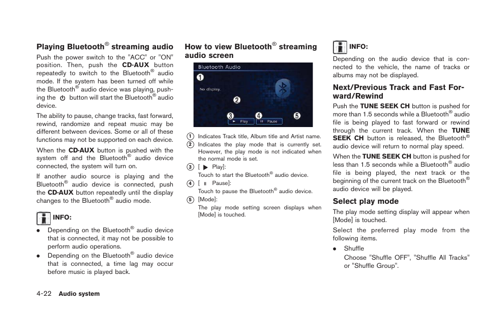 Playing bluetooth, Streaming audio, How to view bluetooth | Streaming audio screen, Next/previous track and fast for- ward/rewind, Select play mode | NISSAN 2013 LEAF - Navigation System Owner's Manual User Manual | Page 156 / 275