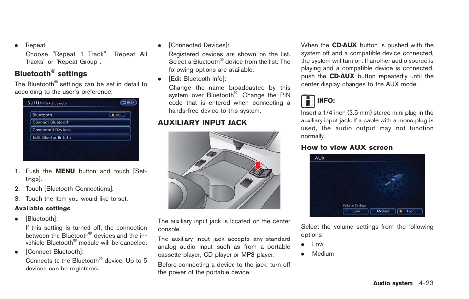 Auxiliary input jack -23 | NISSAN 2013 LEAF - Navigation System Owner's Manual User Manual | Page 157 / 275