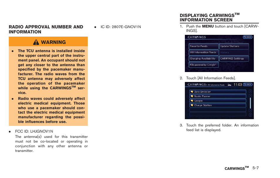 Radio approval number and information -7, Displaying carwings, Information screen -7 | Warning | NISSAN 2013 LEAF - Navigation System Owner's Manual User Manual | Page 167 / 275