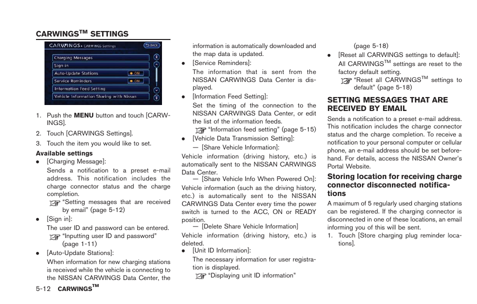 Carwings, Settings -12, Setting messages that are received by email -12 | NISSAN 2013 LEAF - Navigation System Owner's Manual User Manual | Page 172 / 275