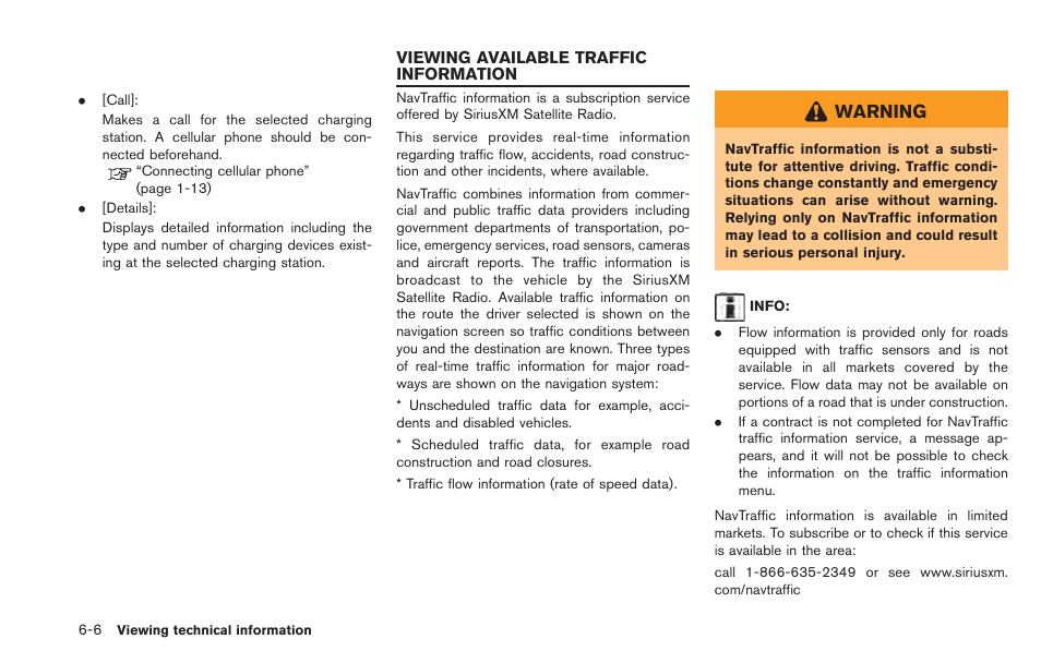 Viewing available traffic information -6, Warning | NISSAN 2013 LEAF - Navigation System Owner's Manual User Manual | Page 188 / 275