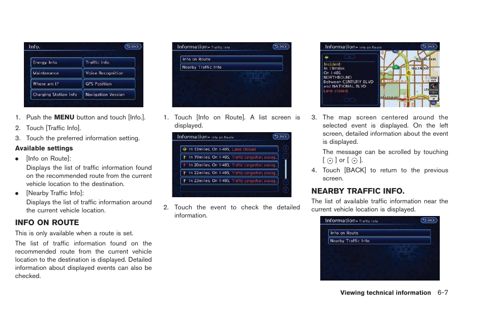 Info on route -7, Nearby traffic info -7 | NISSAN 2013 LEAF - Navigation System Owner's Manual User Manual | Page 189 / 275