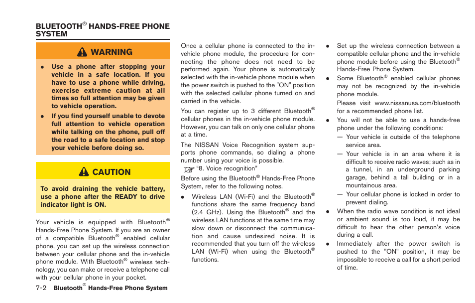 Bluetooth, Hands-free phone system -2, Warning | Caution, Hands-free phone system | NISSAN 2013 LEAF - Navigation System Owner's Manual User Manual | Page 196 / 275