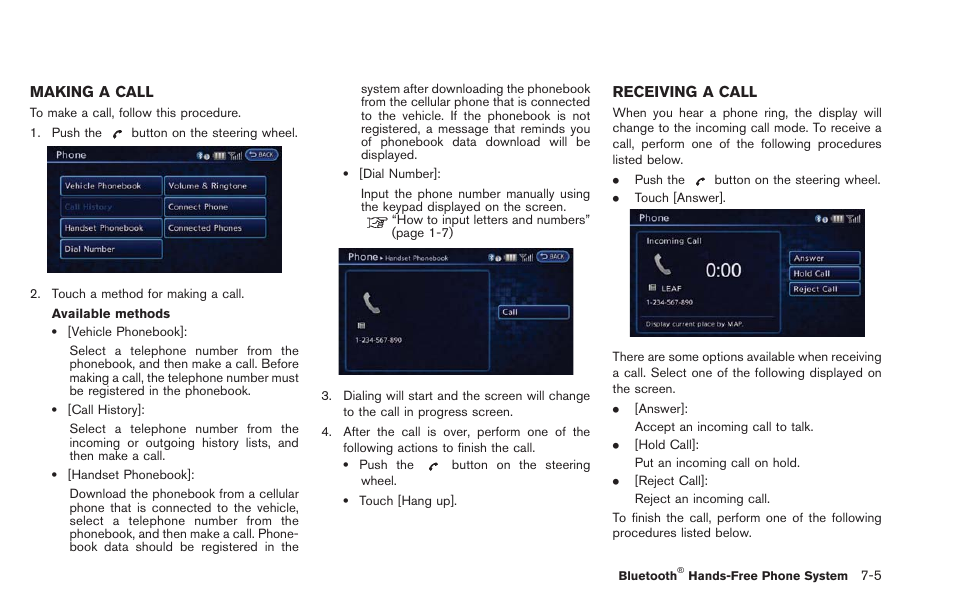 Making a call -5, Receiving a call -5 | NISSAN 2013 LEAF - Navigation System Owner's Manual User Manual | Page 199 / 275