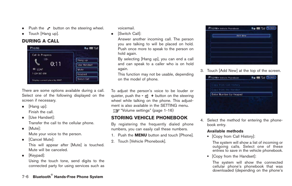 During a call -6 storing vehicle phonebook -6 | NISSAN 2013 LEAF - Navigation System Owner's Manual User Manual | Page 200 / 275