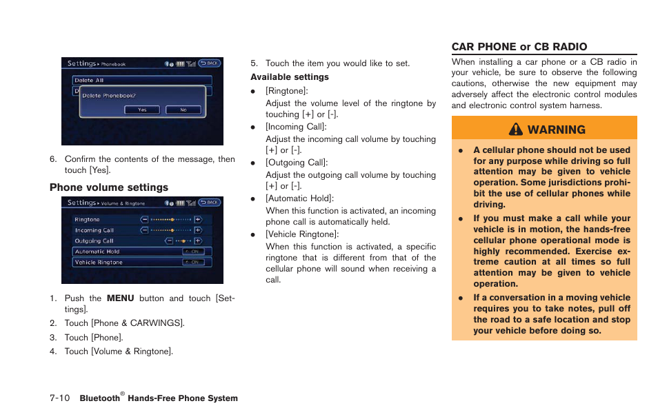 Car phone or cb radio -10, Warning | NISSAN 2013 LEAF - Navigation System Owner's Manual User Manual | Page 204 / 275