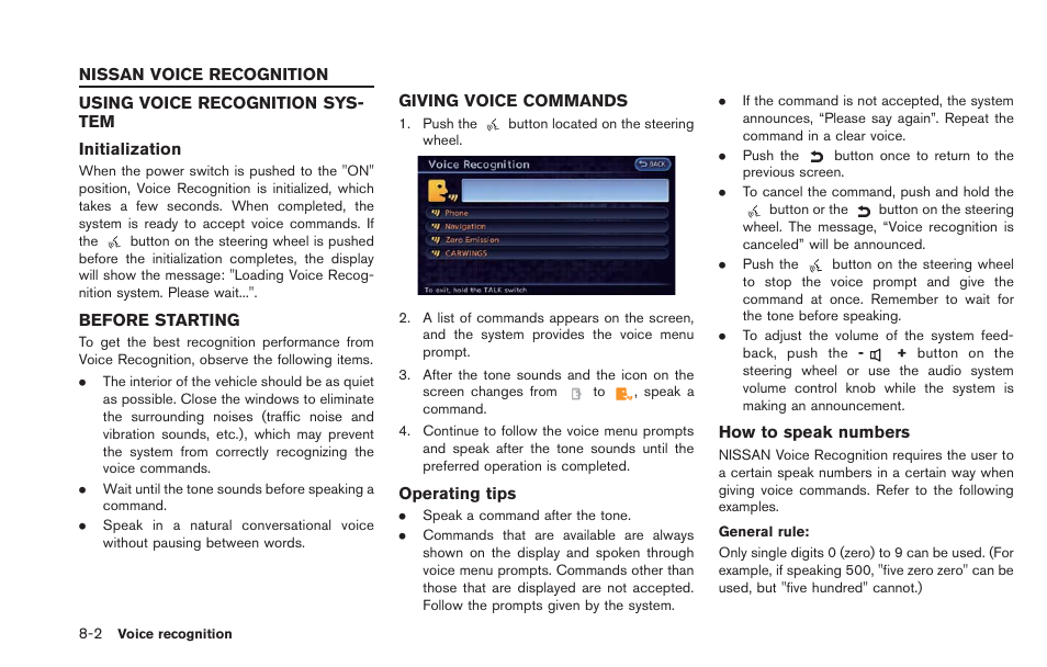 Nissan voice recognition -2 | NISSAN 2013 LEAF - Navigation System Owner's Manual User Manual | Page 208 / 275