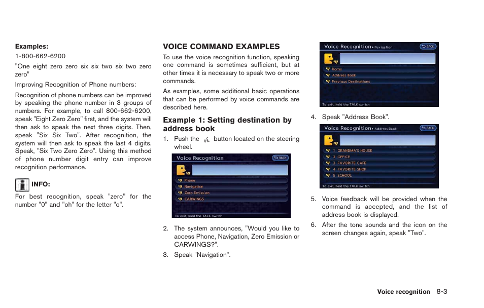 Voice command examples -3 | NISSAN 2013 LEAF - Navigation System Owner's Manual User Manual | Page 209 / 275