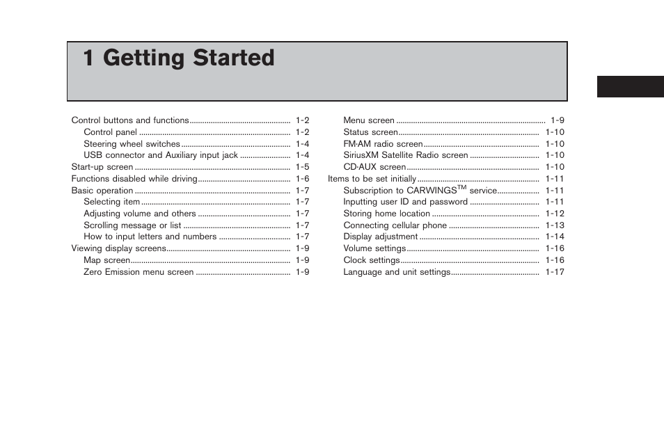 Getting started, 1 getting started | NISSAN 2013 LEAF - Navigation System Owner's Manual User Manual | Page 21 / 275