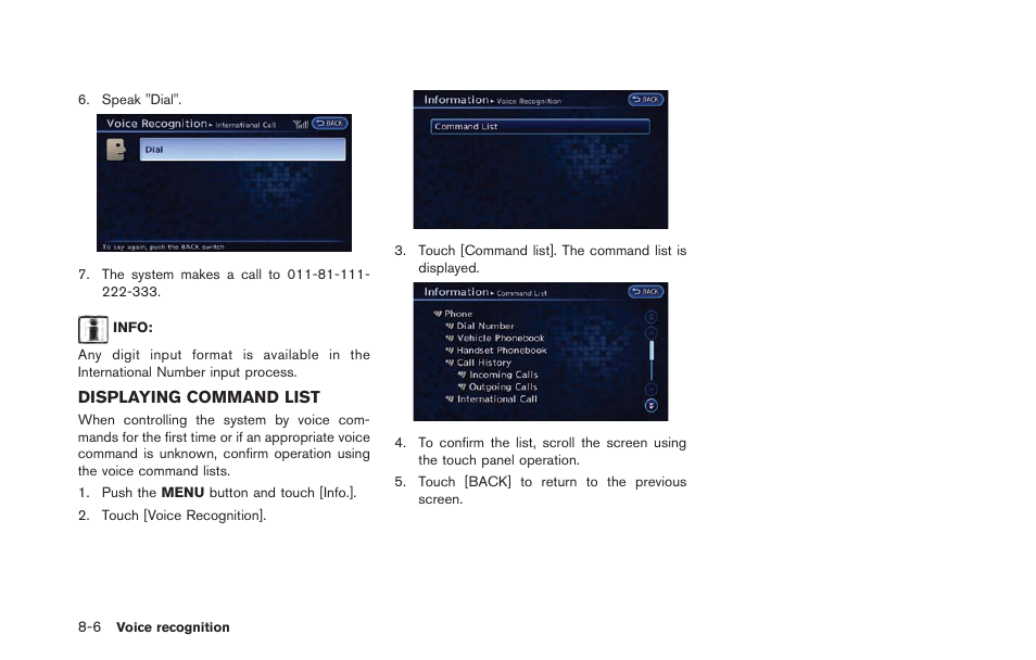 Displaying command list -6 | NISSAN 2013 LEAF - Navigation System Owner's Manual User Manual | Page 212 / 275