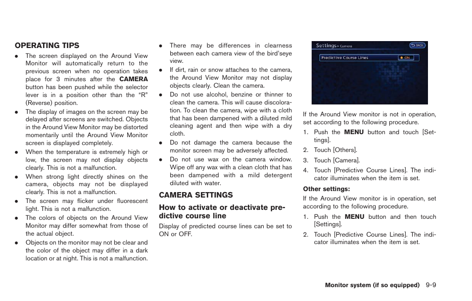 Operating tips -9 camera settings -9 | NISSAN 2013 LEAF - Navigation System Owner's Manual User Manual | Page 225 / 275