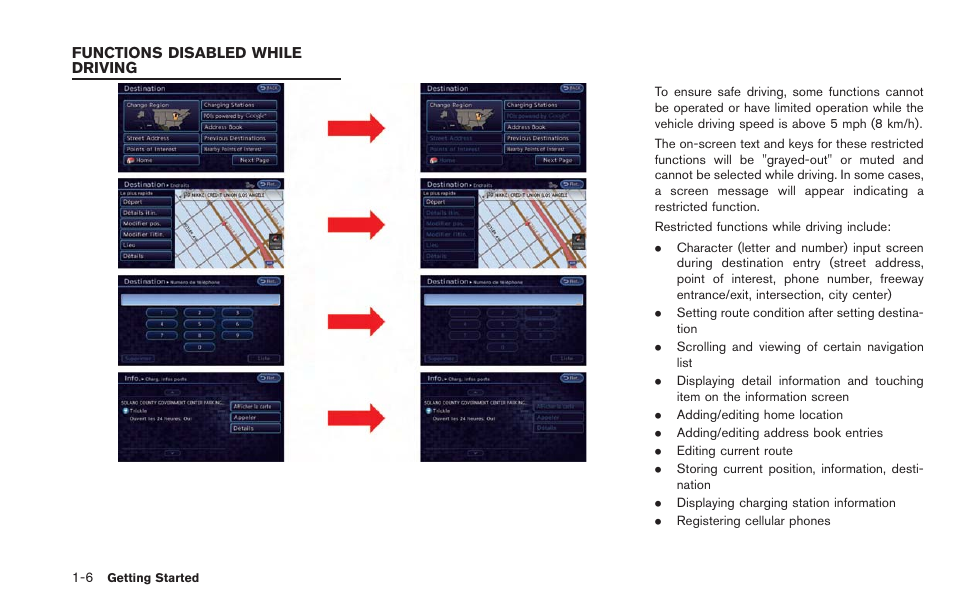 Functions disabled while driving -6 | NISSAN 2013 LEAF - Navigation System Owner's Manual User Manual | Page 26 / 275