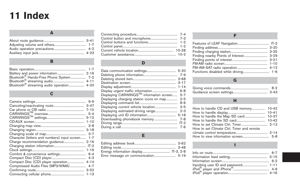 Index, 11 index | NISSAN 2013 LEAF - Navigation System Owner's Manual User Manual | Page 271 / 275