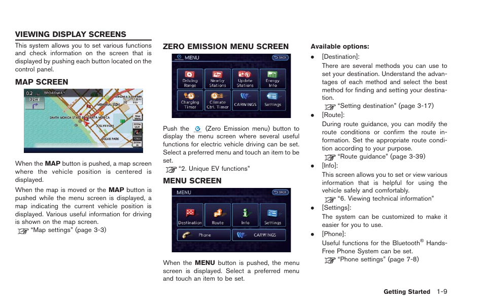 Viewing display screens -9, Map screen -9 zero emission menu screen -9, Menu screen -9 | NISSAN 2013 LEAF - Navigation System Owner's Manual User Manual | Page 29 / 275