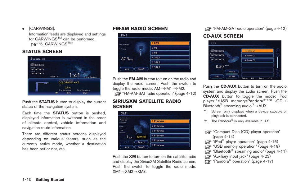 Status screen, Fm·am radio screen, Siriusxm satellite radio screen | Cd·aux screen | NISSAN 2013 LEAF - Navigation System Owner's Manual User Manual | Page 30 / 275
