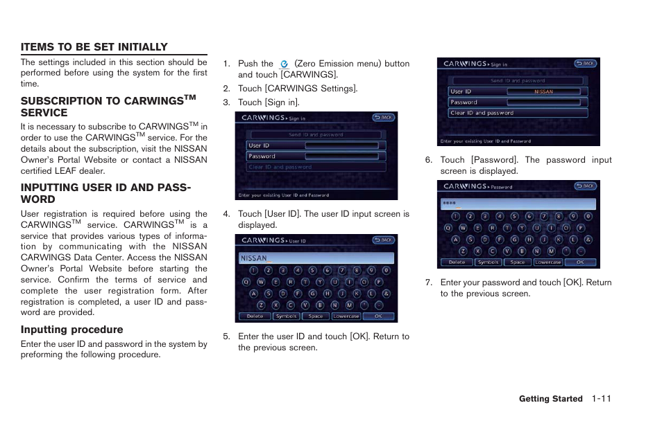 Items to be set initially -11, Subscription to carwings, Service -11 | Inputting user id and password -11 | NISSAN 2013 LEAF - Navigation System Owner's Manual User Manual | Page 31 / 275
