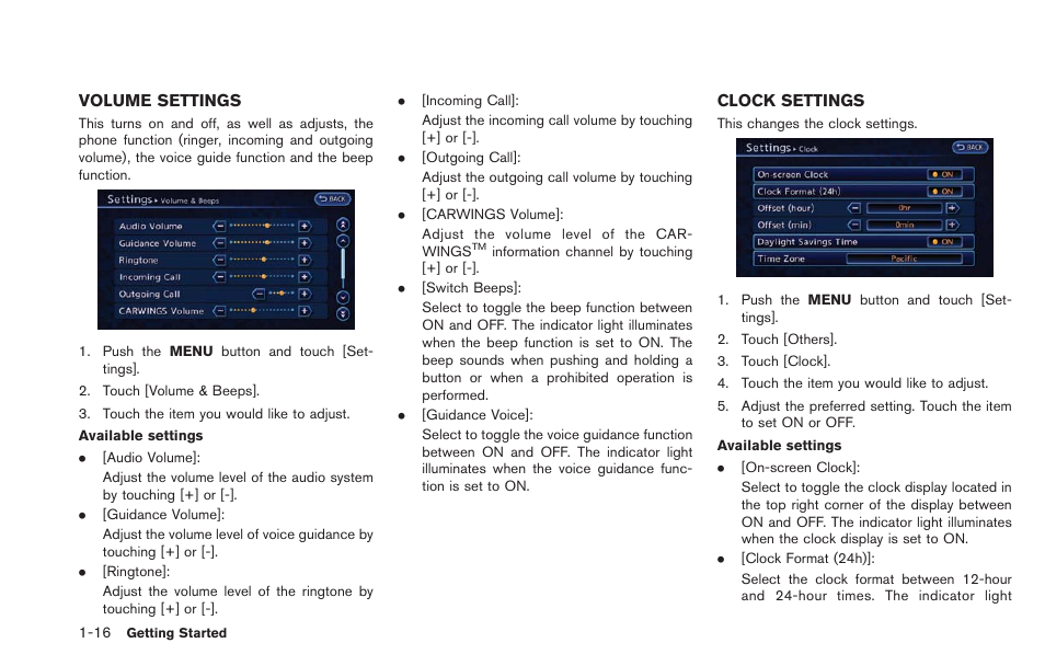 Volume settings -16 clock settings -16 | NISSAN 2013 LEAF - Navigation System Owner's Manual User Manual | Page 36 / 275