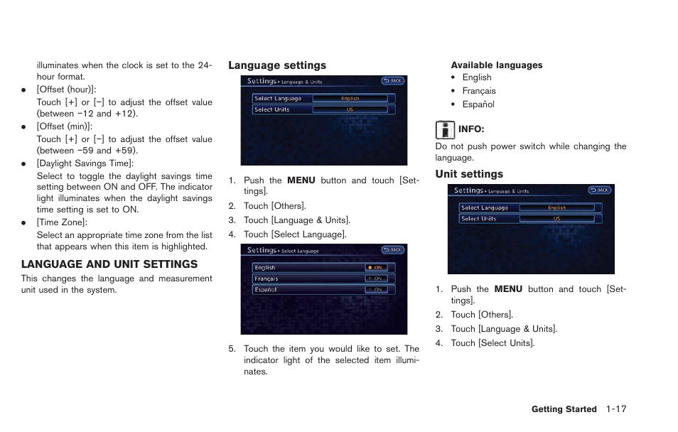 Language and unit settings -17 | NISSAN 2013 LEAF - Navigation System Owner's Manual User Manual | Page 37 / 275