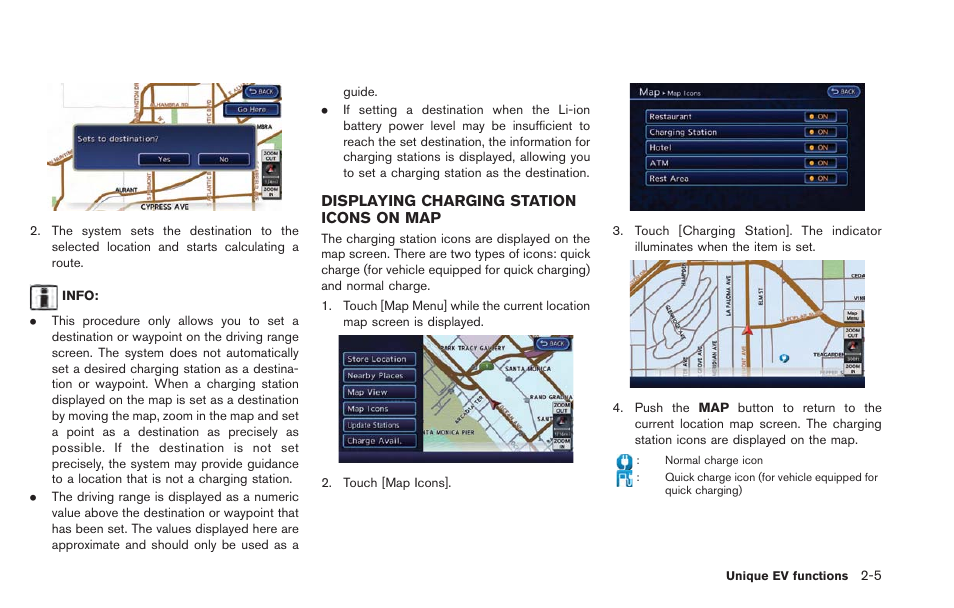 Displaying charging station icons on map -5 | NISSAN 2013 LEAF - Navigation System Owner's Manual User Manual | Page 43 / 275