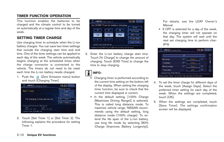 Timer function operation -10, Setting timer charge -10 | NISSAN 2013 LEAF - Navigation System Owner's Manual User Manual | Page 48 / 275