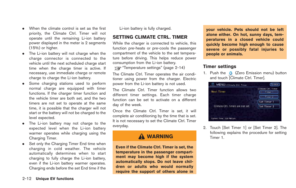 Setting climate ctrl. timer -12, Warning | NISSAN 2013 LEAF - Navigation System Owner's Manual User Manual | Page 50 / 275