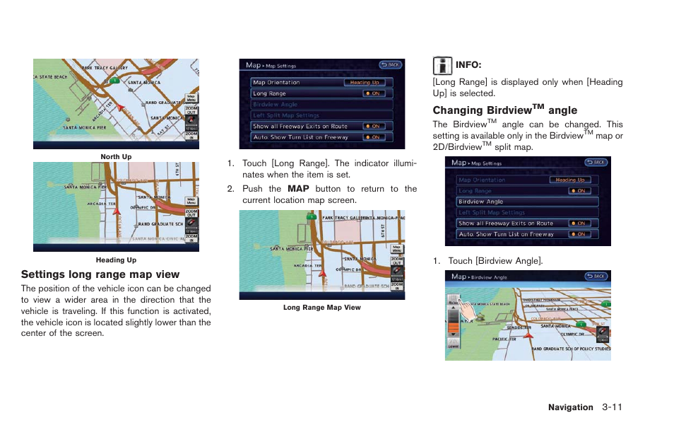 Settings long range map view, Changing birdview, Angle | NISSAN 2013 LEAF - Navigation System Owner's Manual User Manual | Page 67 / 275
