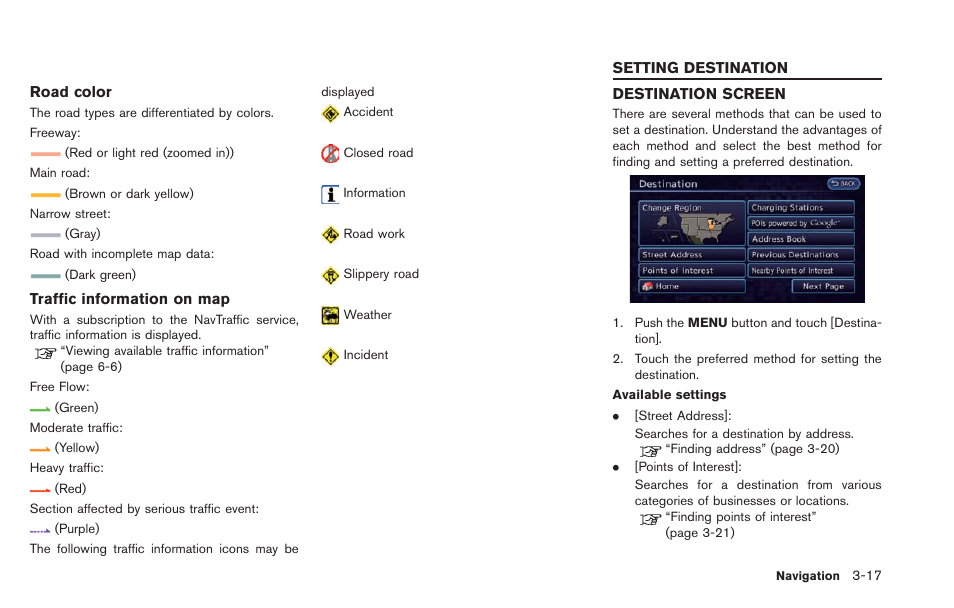Setting destination -17, Destination screen -17 | NISSAN 2013 LEAF - Navigation System Owner's Manual User Manual | Page 73 / 275