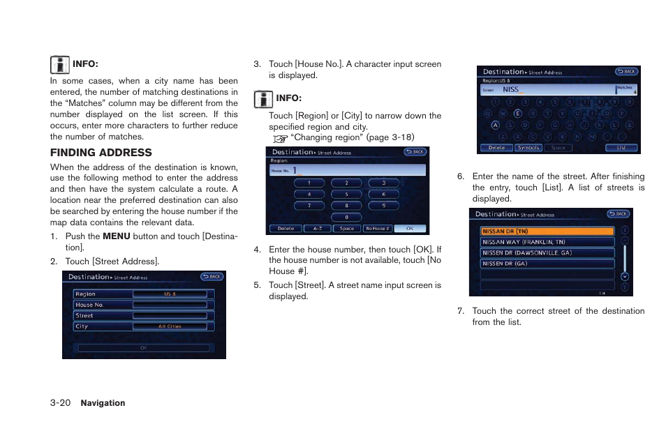 Finding address -20 | NISSAN 2013 LEAF - Navigation System Owner's Manual User Manual | Page 76 / 275