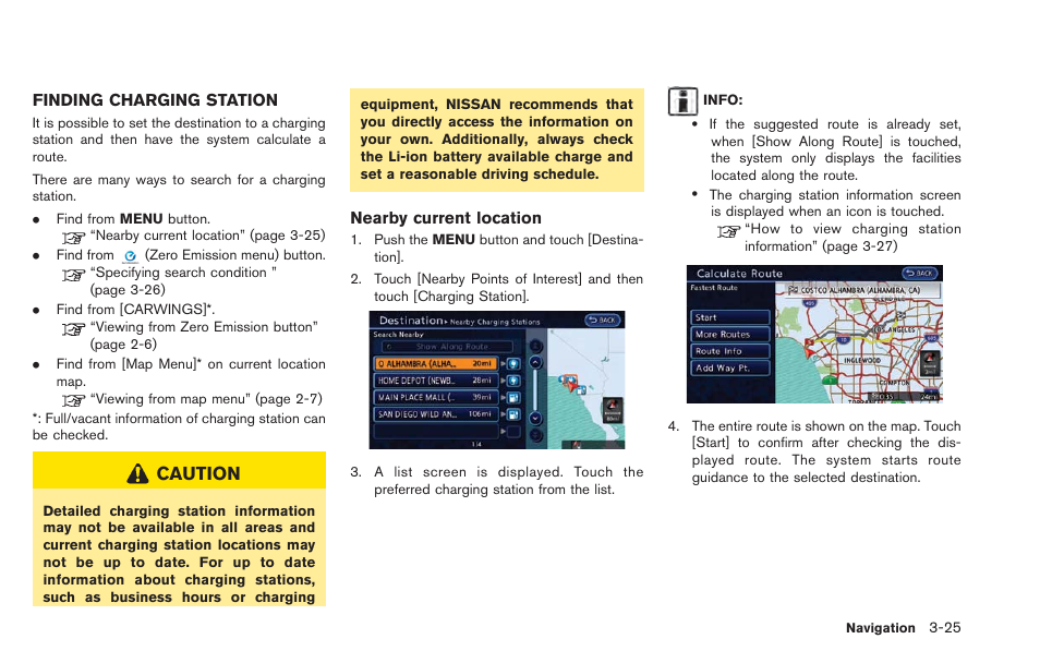 Finding charging station -25, Caution | NISSAN 2013 LEAF - Navigation System Owner's Manual User Manual | Page 81 / 275