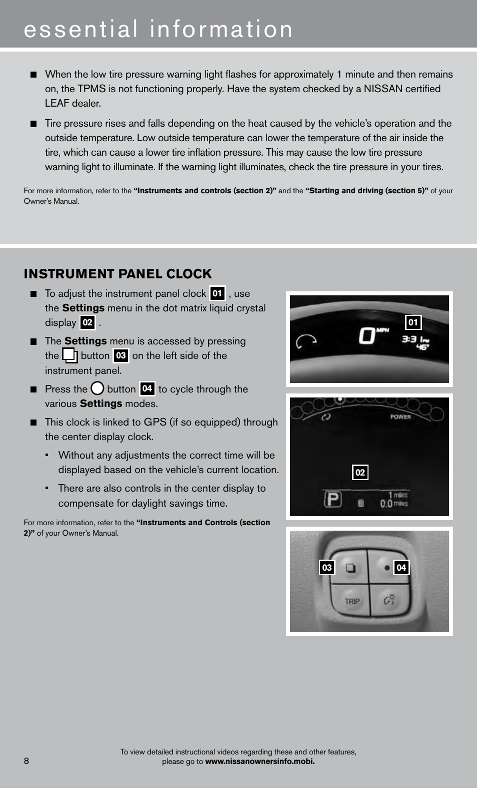 Essential information, Instrument panel clock | NISSAN 2013 LEAF - Quick Reference Guide User Manual | Page 10 / 28