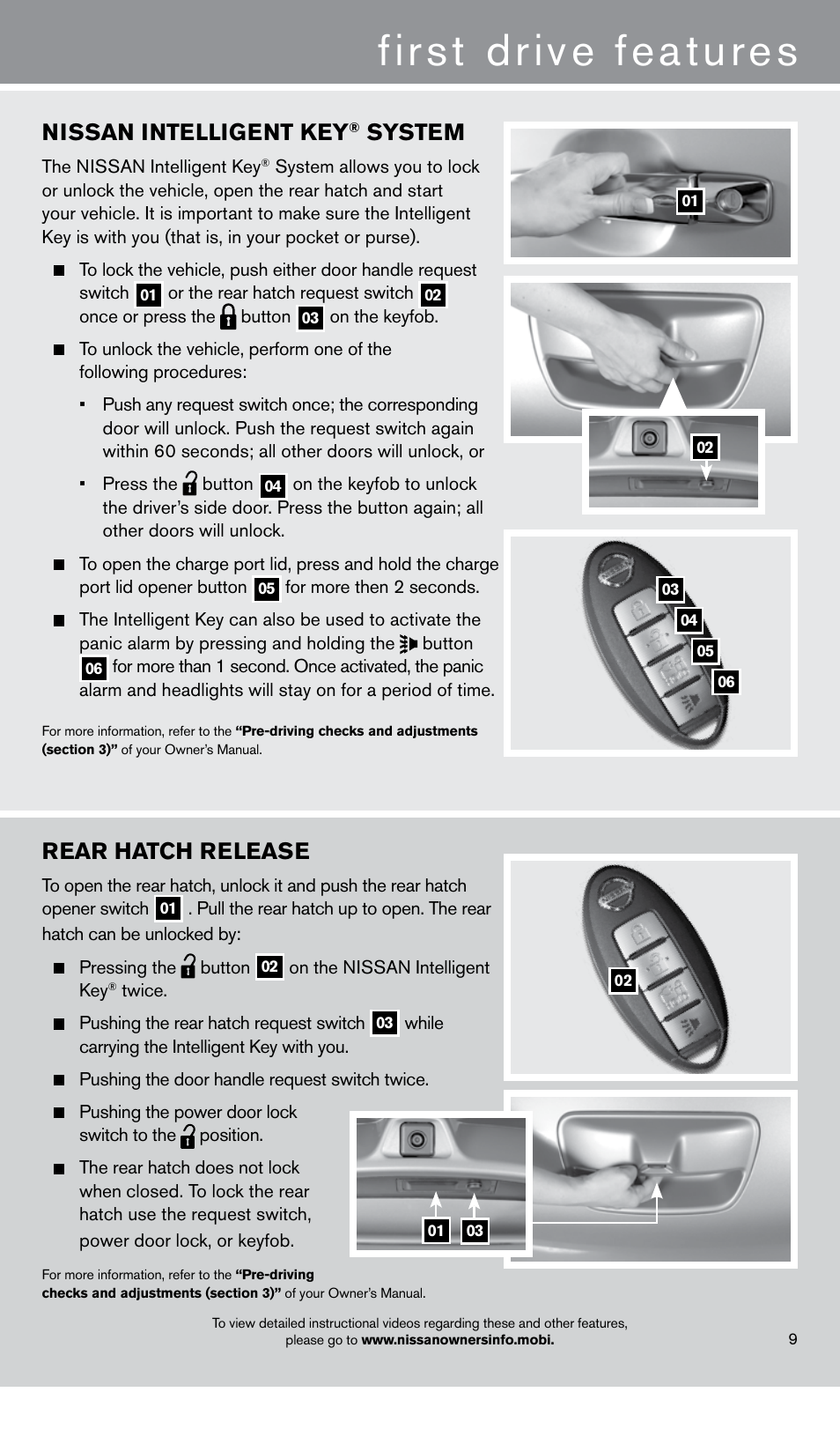 First drive features, Rear hatch release, Nissan intelligent key | System | NISSAN 2013 LEAF - Quick Reference Guide User Manual | Page 11 / 28